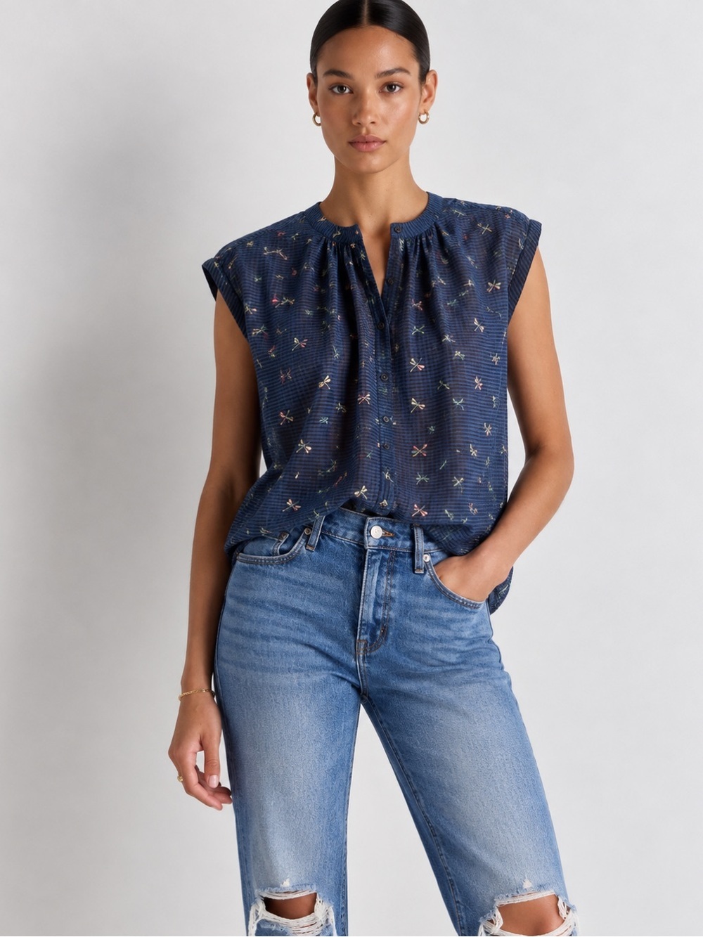 Joie Navy Cap-Sleeve Blouse with Tiny Floral Sprigs